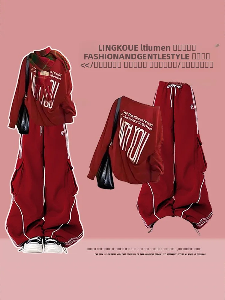 

Комплект из двух предметов: свитшот и брюки больших размеров для женщин, осенне-зимний, повседневный, рождественский, красный, омолаживающий, с высокой талией, для работы