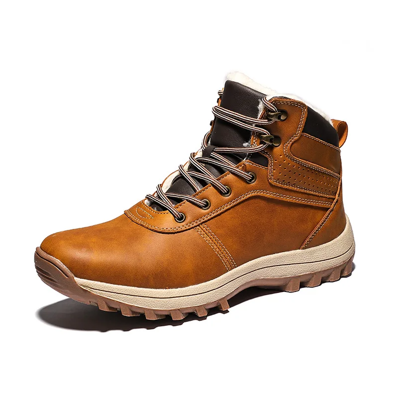

Mens Boots Fashion High Top Leather Boots Outdoor Non Slip Snow Boots Winter Plush Warm Cotton Shoes Casual Hiking Ankle Booties