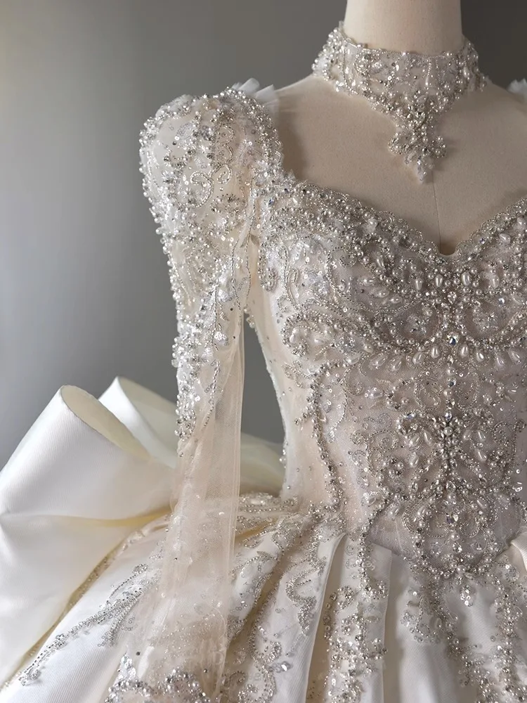 Silk Satin Wedding Dress Long Sleeve Bridal Gown out Door Wedding Dress Strapless Floor Length Handmade Flowers Middle Waist