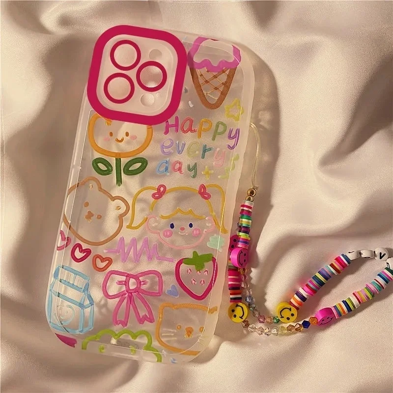 Cute Doodle Pattern Bracelet For Samsung Galaxy S22 S20 S23 Ultra S21 Plus S10 FE Note 20 10 Lite A33 A53 A32 A52 Case DIY Cover