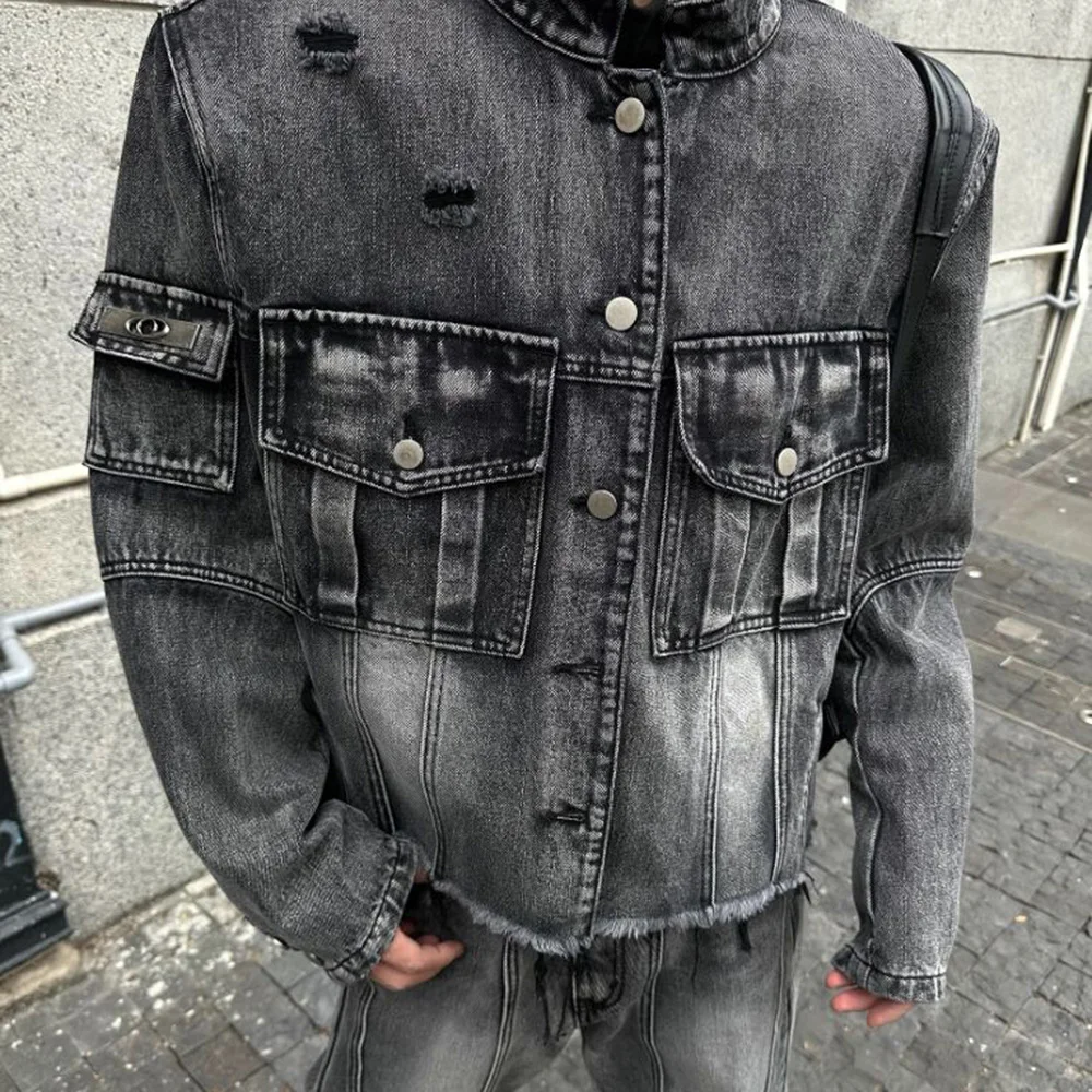 

Mens Denim Jacket Washed Distressed Raw Edge Ripped Jacket Streetwear Niche Temperament All-Match Long-Sleeve Top Men'S Clothing