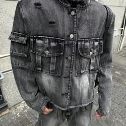 Mens Denim Jacket Washed Distressed Raw Edge Ripped Jacket Streetwear Niche Temperament All-Match Long-Sleeve Top Men'S Clothing