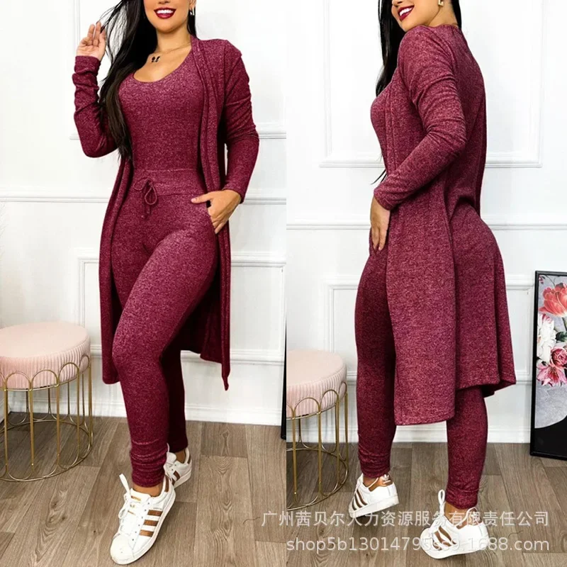 Drawstring Pocket Design Jumpsuit & Coat Set Autumn 2023 Women One Piece Long Pants Jumpsuit High Waist Coats Two Piece Sets