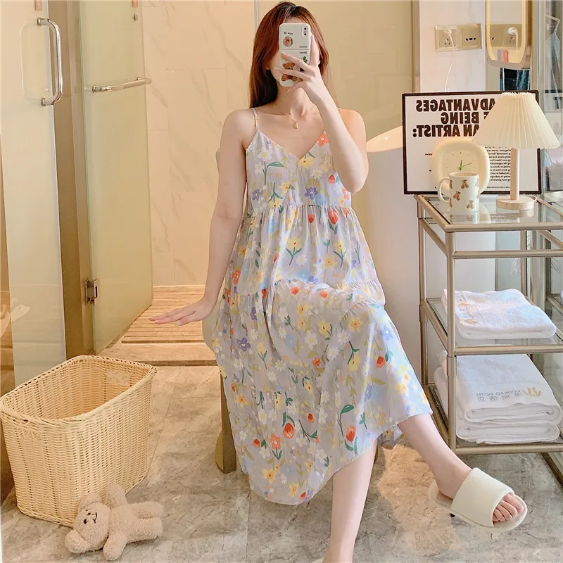 Slip Nightdress Women Summer V-Neck Pajamas Cotton Print Cute Sweet Thin Home wear Dress Lingerie Thin Loose Nightgown