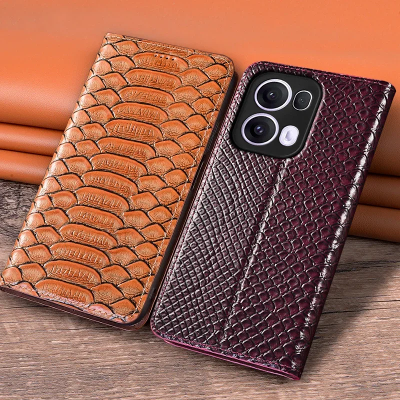 Flip Case For OPPO Reno13 Reno 13 Pro 5G Genuine Leather Magnetic Cover Luxury Cowhide Python Pattern Card Pocket Wallet Cases