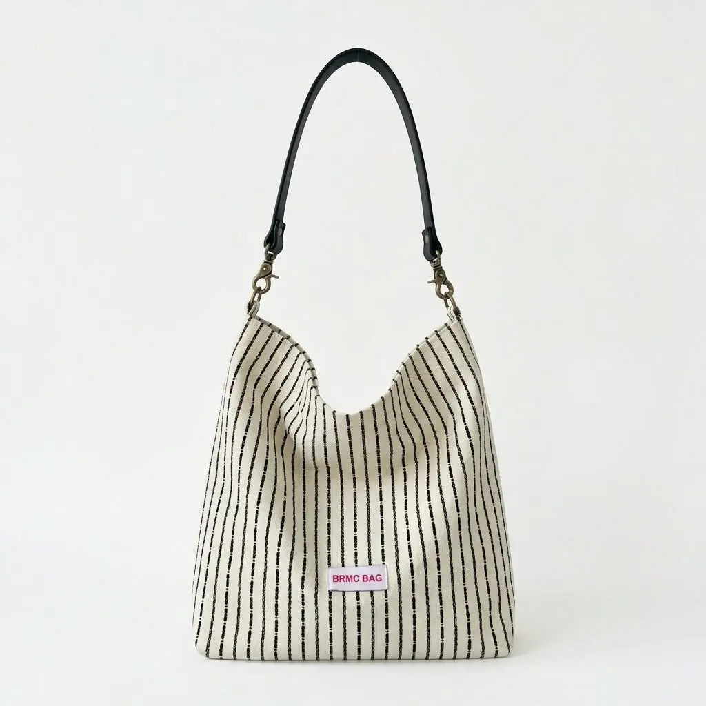 

Women Black White Stripe Canvas Shoulder Bag Casual Large Capacity Tote Bag with Leather Strap for Daily Commute Shopping Travel