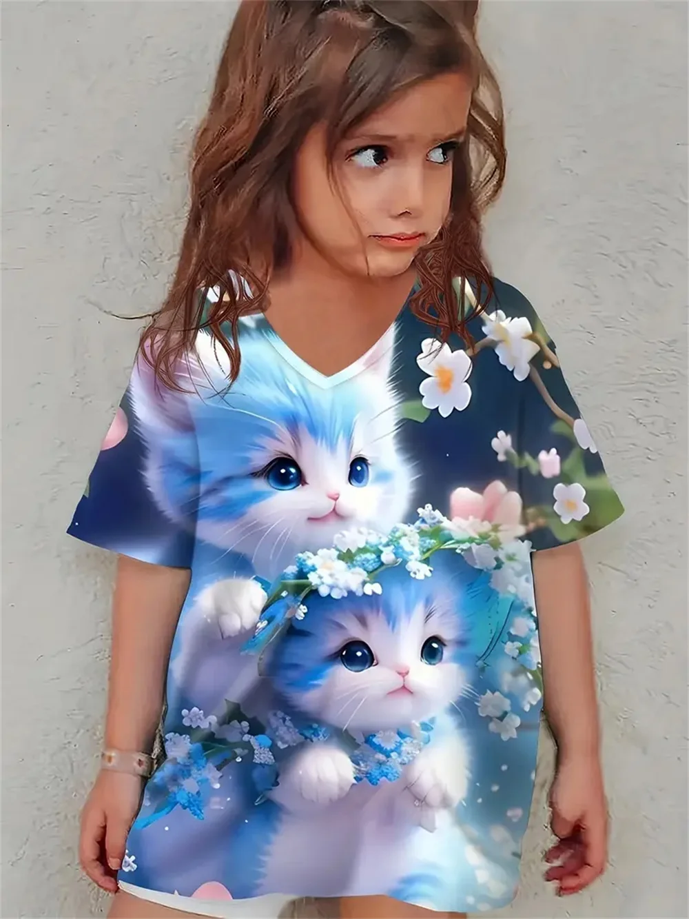 Camiseta infantil de manga curta estampada em 3D, tops casuais das meninas, roupas infantis, moda verão