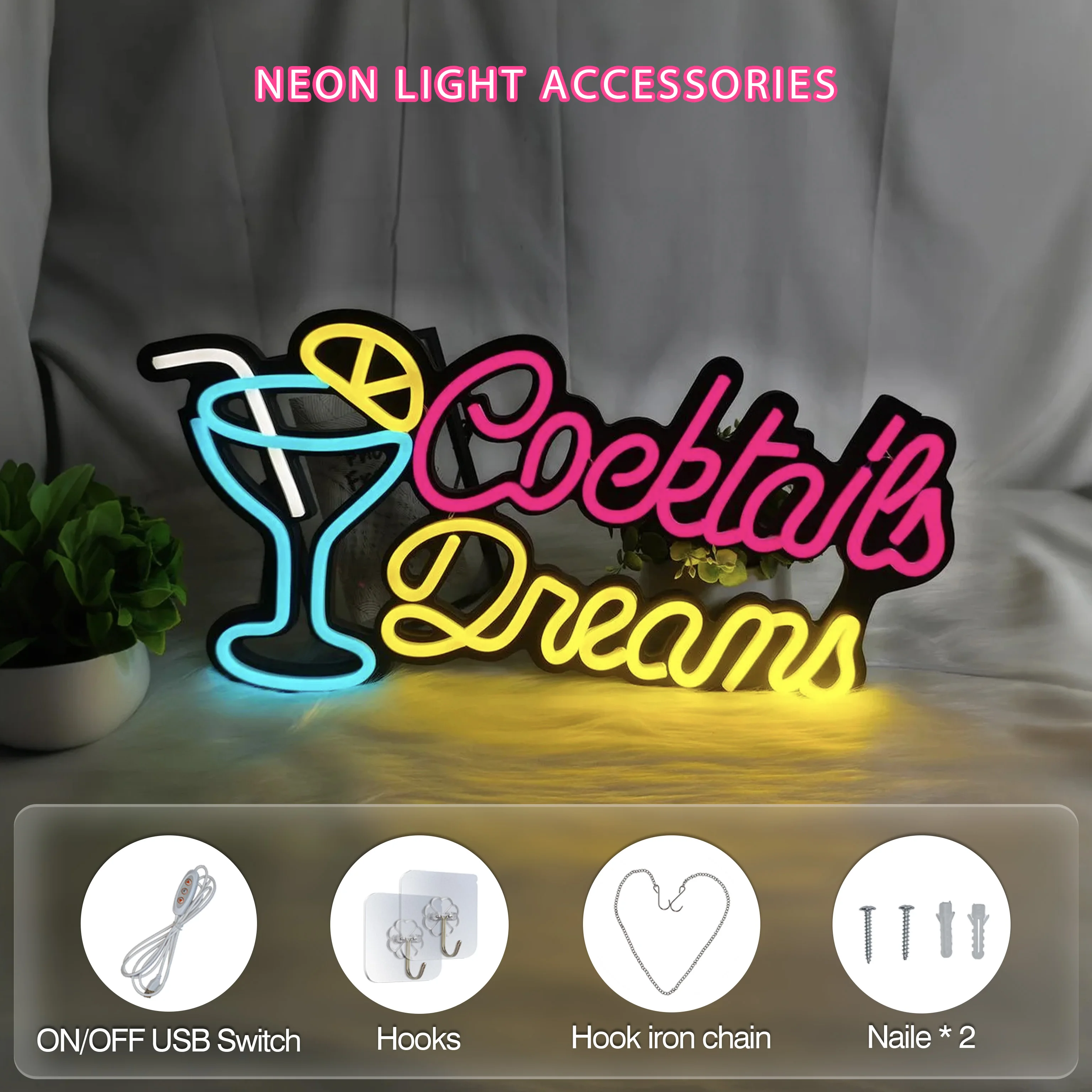 1 Cocktails Dreams neon sign for men's cave bedroom hotel bar coffee shop wedding birthday Halloween Christmas party decoration view 2