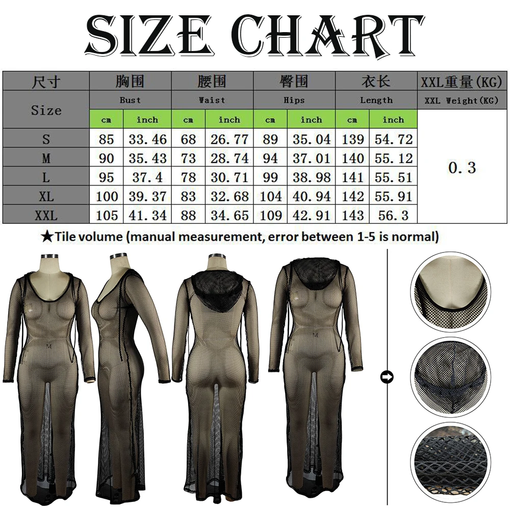 Einfarbiges Netz aushöhlen böhmisches Kleid Frauen Sommer Kapuze Langarm Netz Netz durchsichtig Kleid Retro Damen Strand Vestido