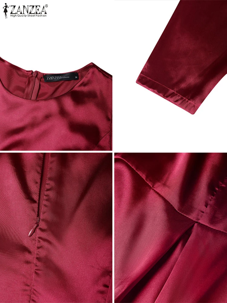 เดรสซาตินสำหรับงานปาร์ตี้ ดีไซน์หรูหราทันสมัย แบรนด์ ZANZEA คอทรงโอ แขน 3/4 ทรงเข้ารูปช่วงเอว จับจีบแบบกลับด้าน ทรงเอไลน์ ความยาวปานกลาง ไซส์ S-3XL