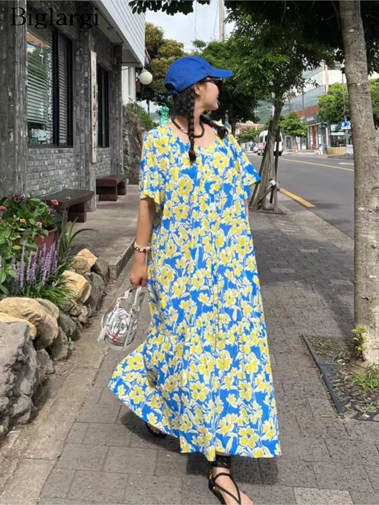 

Summer A-Line Dress Women Flower Floral Print Fashion Ladies Long Dresses Korean Style Loose Casual Ruffle Woman Dress