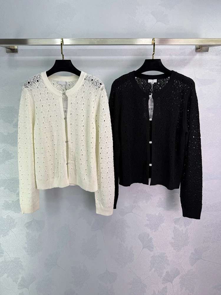 

Spenneooy Spring Summer Fashion Ivory White Color Knitting Cardigan Women's O-Neck Long Sleeve Thin Style Hollow Out Sweaters