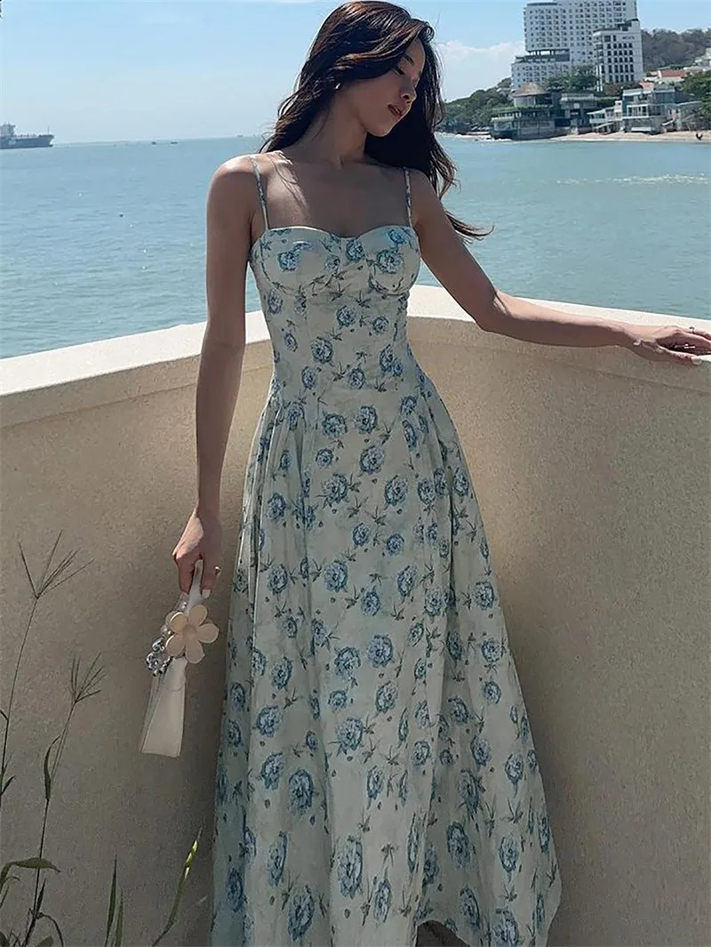 New Sweet Floral Camisole Prom Dress Elegant Wrap Around Chest Slim Fitting Party Gown High Waisted Knee Beach Resort Robes