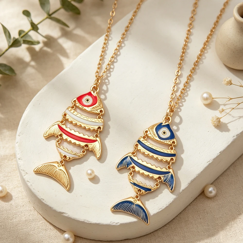 Layered Swinging Fish Decorative Necklace, Color-Blocking Enamel Personalized Pendant, Beachy Vibe Accessory