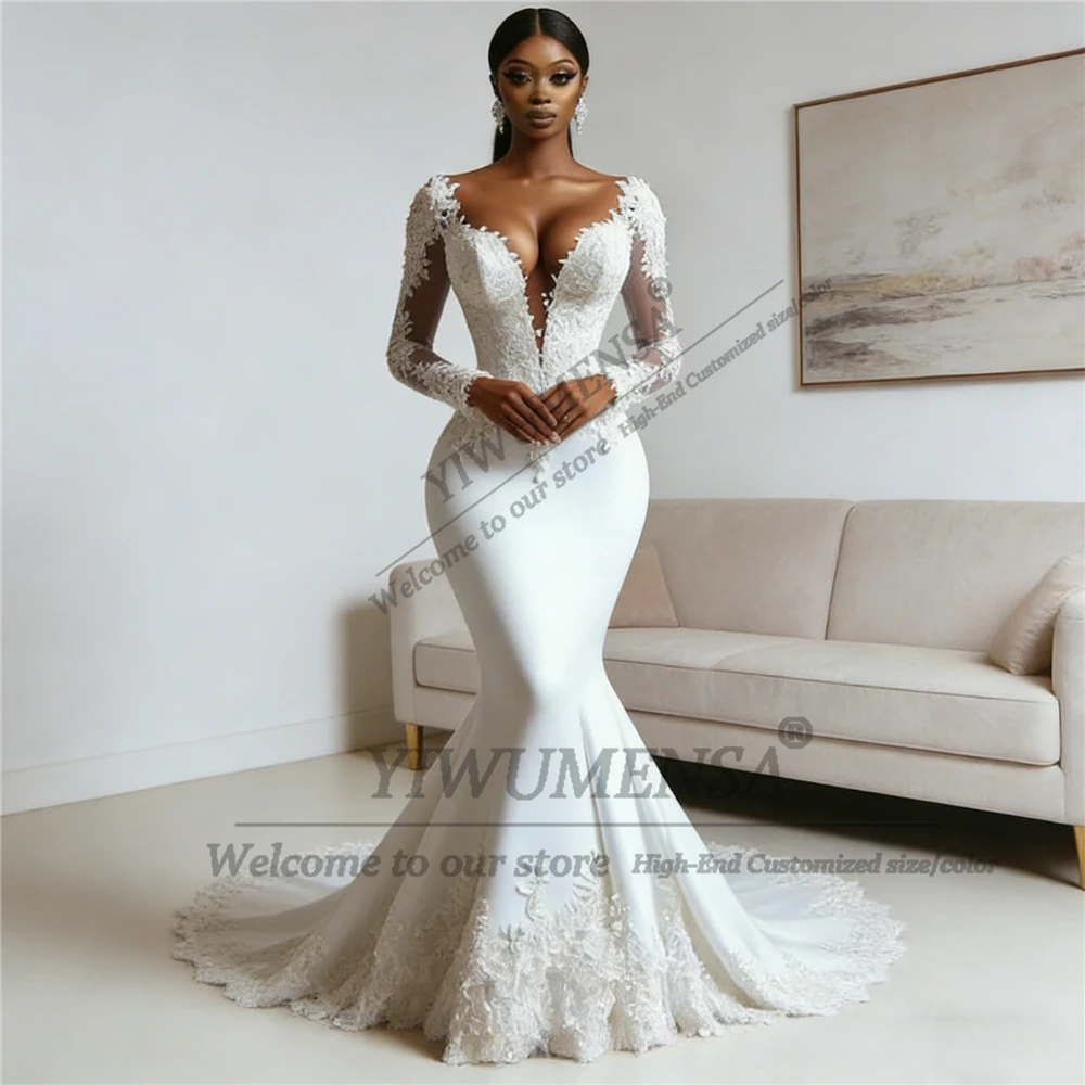独占的なソフトサテンマーメイドウェディングドレス花嫁のための V ネック長袖背中の開いたブライダルガウンカスタマイズされたローブデマリー 2026