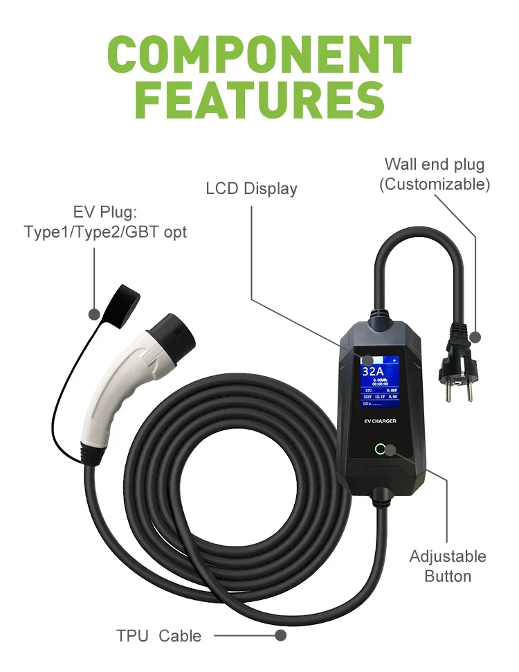 Cargador de Ev 7kw 32a cargador de vehículo de nueva energía AC EV carga portátil 32A 7KW cargador de Ev portátil tipo 2