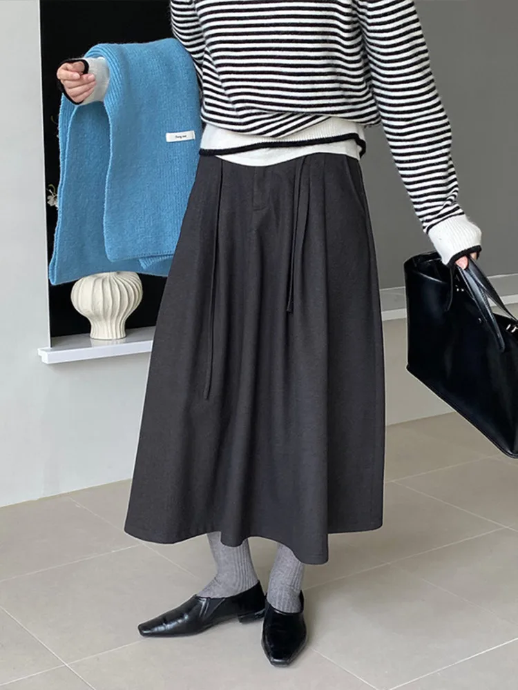 [LANMREM] Minimalism Wool Skirt For Women Solid A-line Mid-Calf Office Lady Warm Female Clothing 2024 Winter New 26C1385