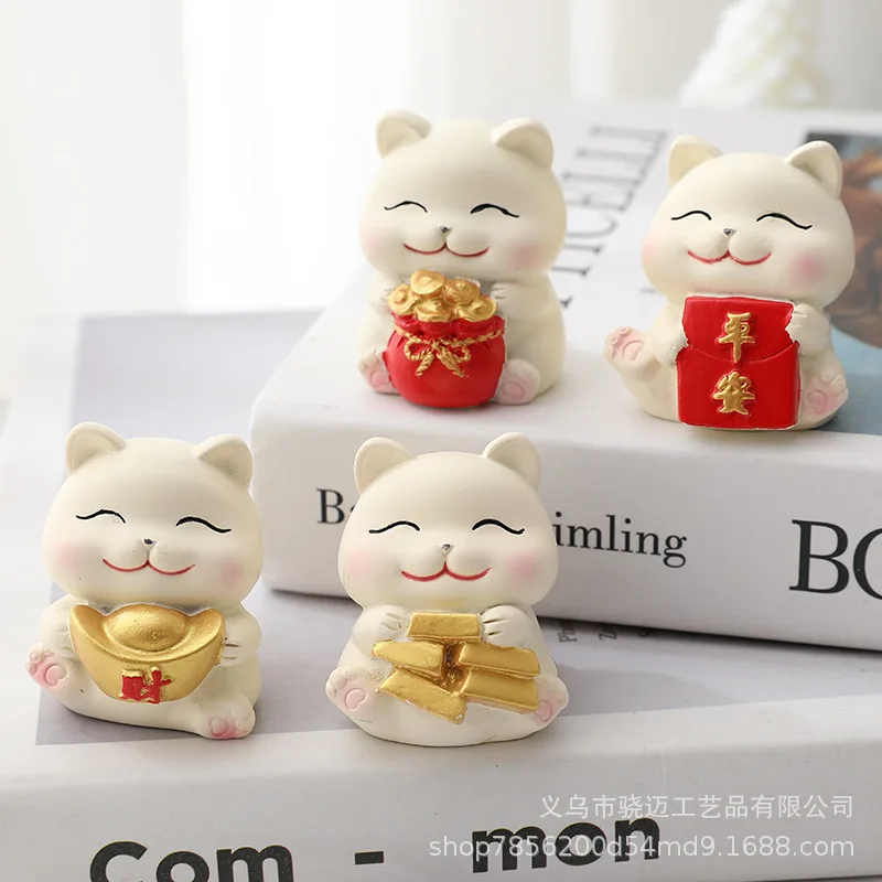 4PCS Decoraciones Para Salas De Casa Cupcake Ornament Cupcake Toppers Japanese Cat Waving Arm Statue Delicate Resin Decor