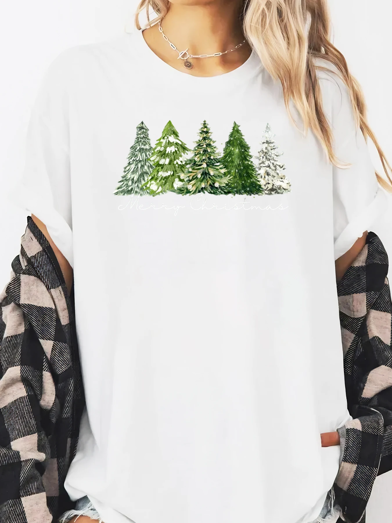 شجرة عيد الميلاد الغابات طباعة عطلة طويلة الأكمام تي شيرت المرأة ملابس شتوية غير رسمية الأبيض حجم كبير