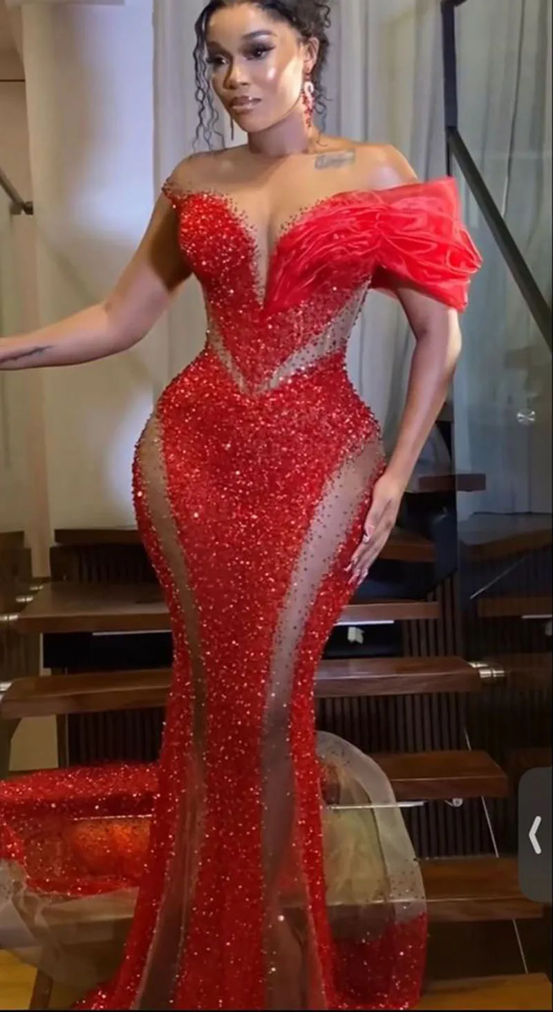 Sparkly Red Sequined Prom Dresses Sexy See Through Off The Shoulder Mermaid Evening Gowns Sweep Train African Women Formal Wear