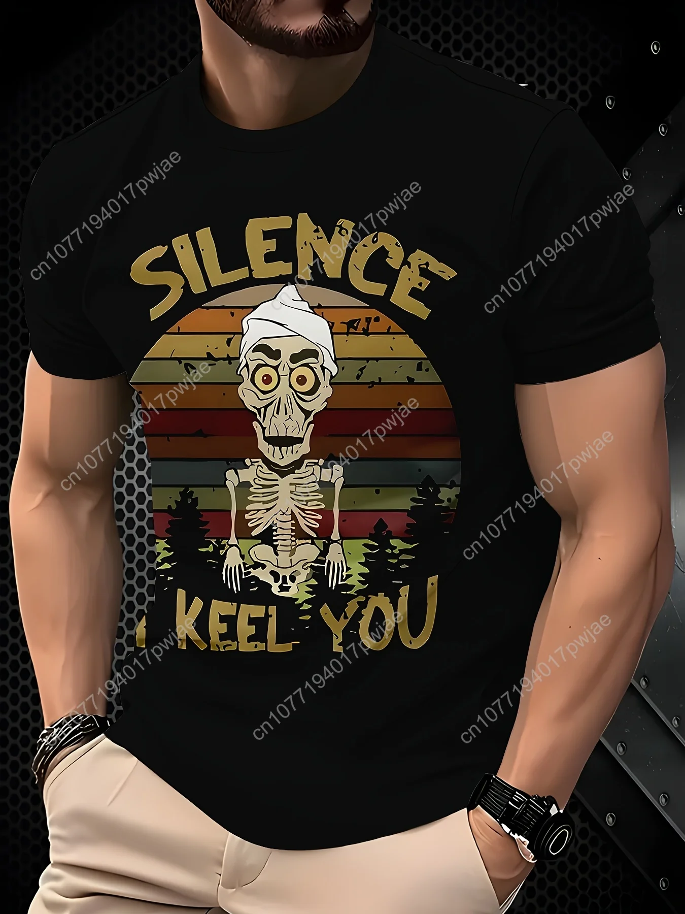 Men's Novelty T-Shirt | Polyester Casual Tee with 'SILENCE I KEEP YOU' Skeleton Graphic | Round Neck, Regular Fit | Machine Wash