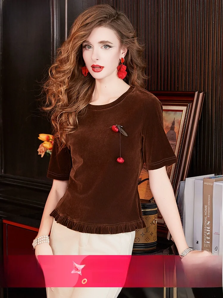 

Fashionable Velvet T-Shirt Women's Spring Slimming Design Wooden Ear T-Shirt Casual Style Cotton Long Sleeve round Neck