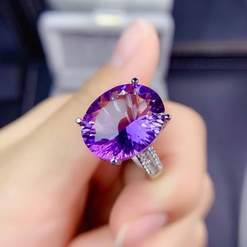 

Natural Purple Amethyst Quartz Oval Adjustable Ring Woman Amethyst 14x12mm Clear Bead Cut Faceted Wealthy Stone AAAAA