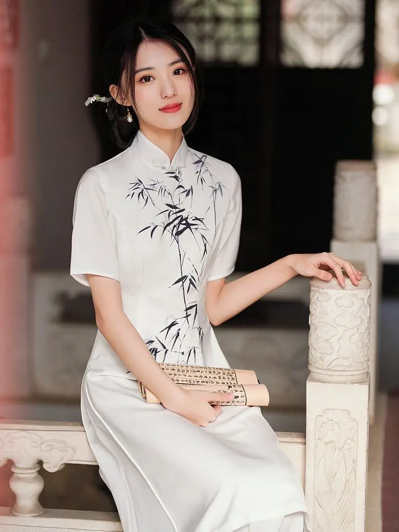 

Sexy Bamboo Printed Satin Long Style Aodai Qipao Fashion Vintage Women Girls Short Sleeve Cheongsam Dress