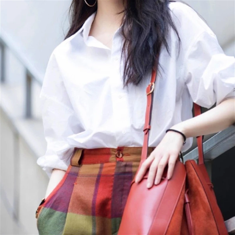 

Blouses Women Shirt Turn Down Collar Full Sleeve Tops Casual Loose Solid Y2k Streetwear Elegant Splice Shirts 2026 Spring