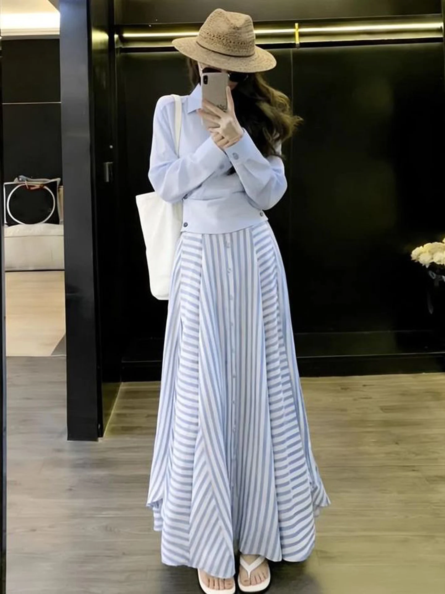 Elegant Blue Shirt Set Women's Korean Fashion High Waist A-Line Skirt Two-Piece Suit  Commute Non-Fading No-