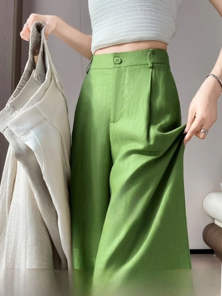 

High Waist Wide Leg Pants Women's Ice Silk Floor Length Casual Suit Trousers Commute Style Pure Color Korean Version