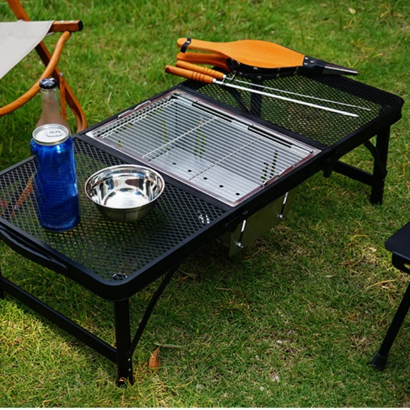 Outdoor Barbecue Houtskoolgrill Draagbare Camping Roestvrij Staal Opvouwbare Houten Kachel IGT Tafelaccessoires Camping Kookgerei