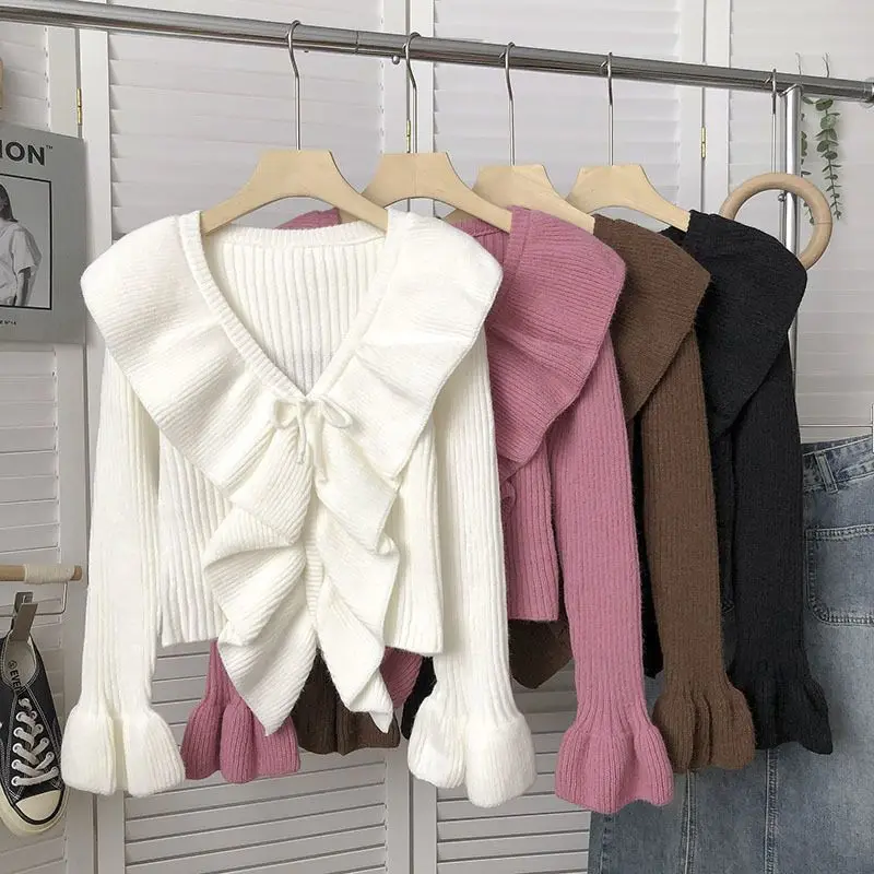 

Chic Knit Sweater Slim Ruffle Lacing Flare Sleeve Crop Top Y2k Knitwear Women Autumn Winter Korean Retro Pink Sweater Design New