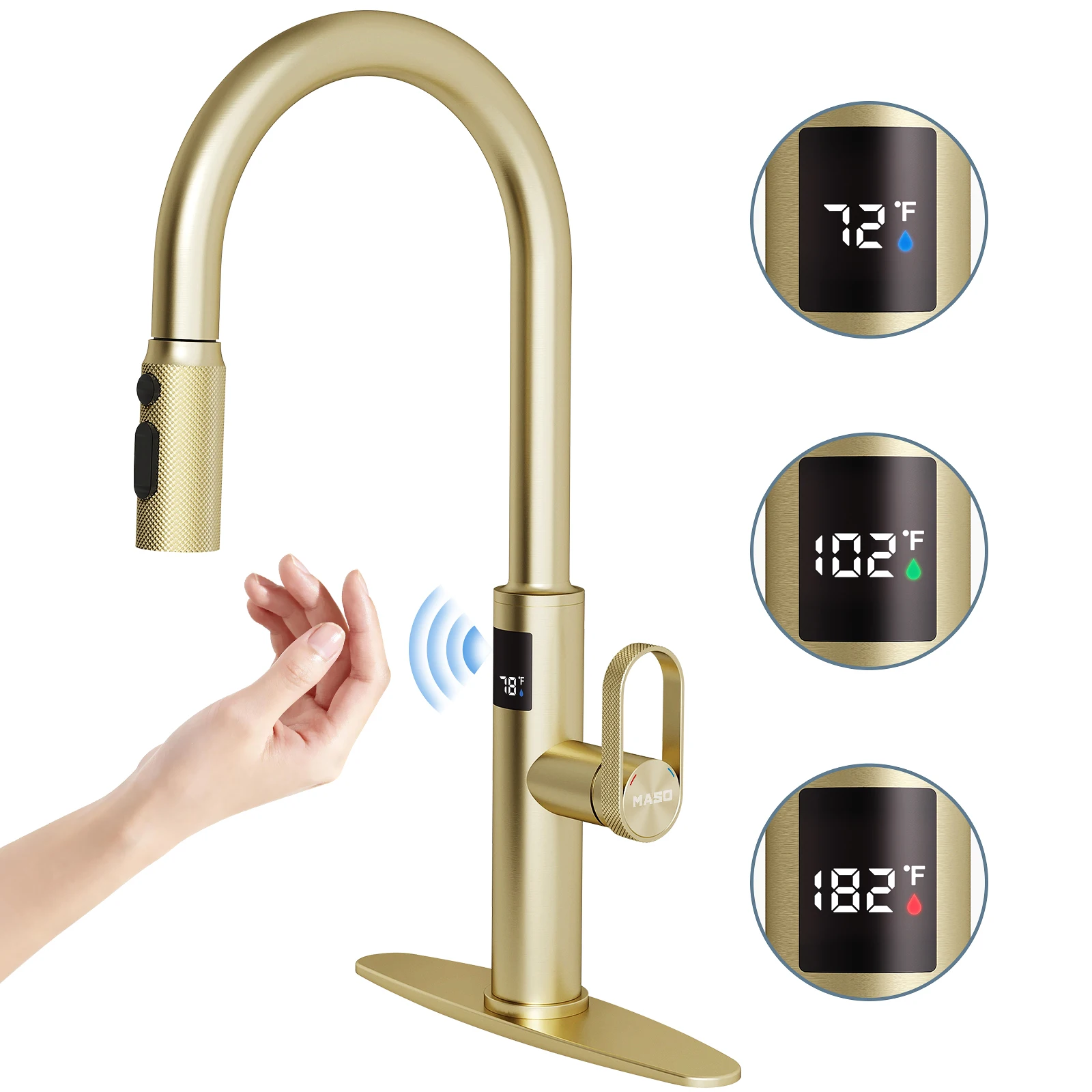 

MASO Touchless Kitchen Faucet, Pull-Down Sprayer, 3 Spray Modes, Temp Display °F, 360° Swivel, Brushed Gold