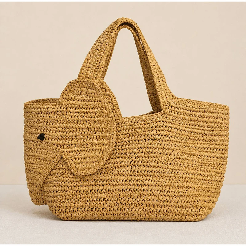 Elefantenförmige Raffia Handgewebte Strohtasche, Damen Schultertasche, Sommer Strand Urlaub Seaside Casual Tragetasche, Leichtgewichtig – Detail 18
