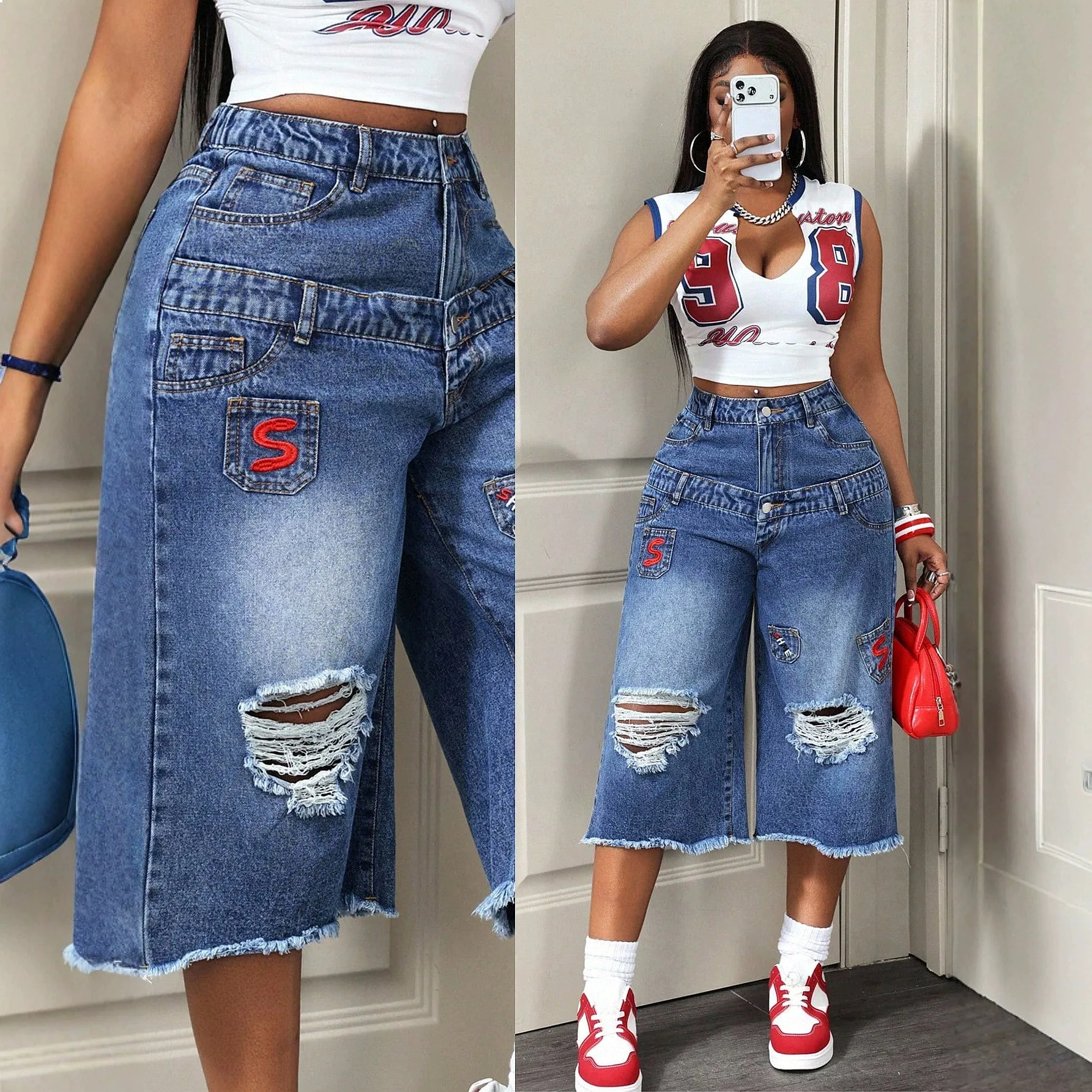 Distressed Denim Capri Pants Women Fashion Casual Jeans Capris Summer Spring Overall Jumpsuit Playsuit