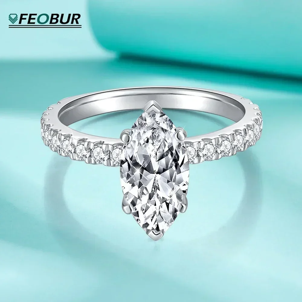 FEOBUR 2CT Marquise Cut Full Moissanite Engagement Rings for Women 925 Sterling Silver Lab Diamond Wedding Ring Jewelry GRA