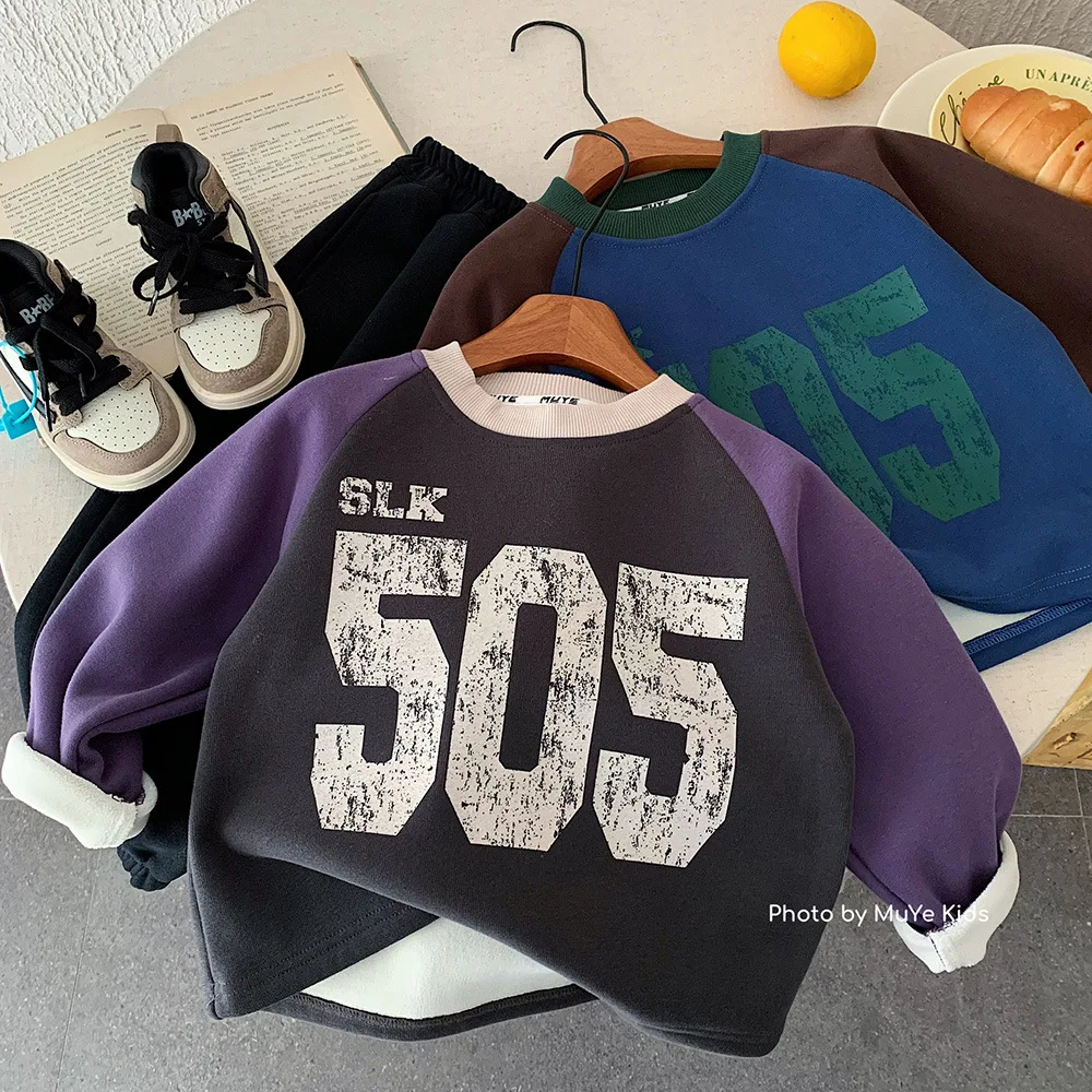 

UNITIM Kids Baby Boy Sweatshirt New Winter Letter Printed Thicken Warm Toddler Boys Pullovers Patchwork Infant Boy Hoodies