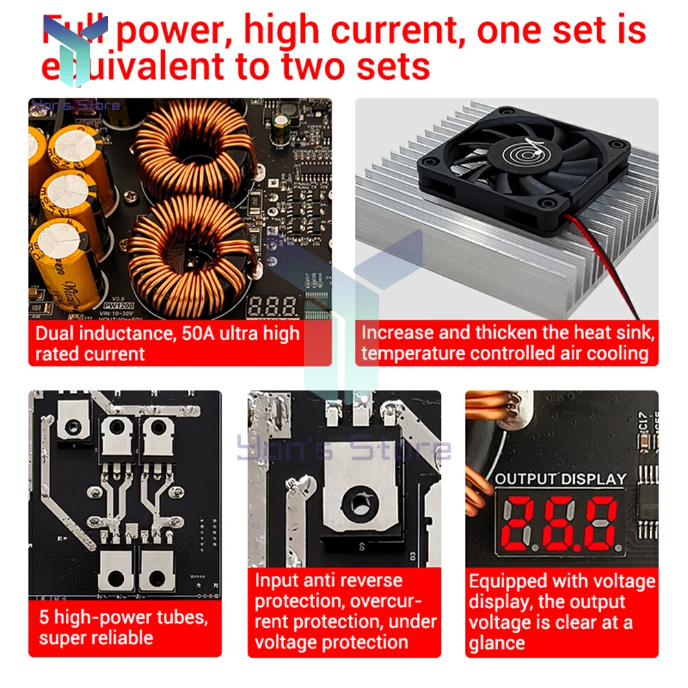 1200W 50A Converter Boost Step-up Power Supply Module Dual Inductors Full Power 10-30V to 50V with Heat Sink for Audio Amplifier - Image 3