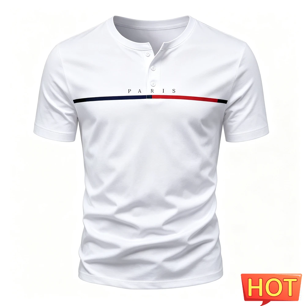 Funny Letter Stripe Print Men's Henley Shirt Summer Business Casual Henry Collar Short Sleeve Tees Fashion Loose Men Button Tops