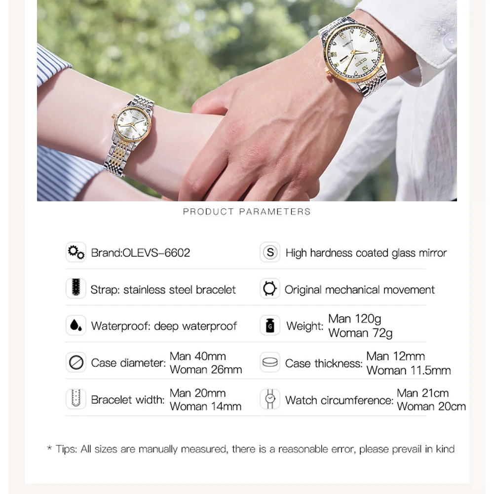 OLEVS Luxury Brand Couple Watch for Men Women Automatic Mechanical Wristwatch Waterproof Stainless Steel Lover's Watches Gifts