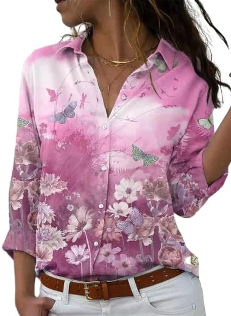 2026 Women's Fashion Long Sleeve Lapel Shirt Colorful Gradient Butterfly 3D Printed Shirt Street Workplace Ladies Social Shirt