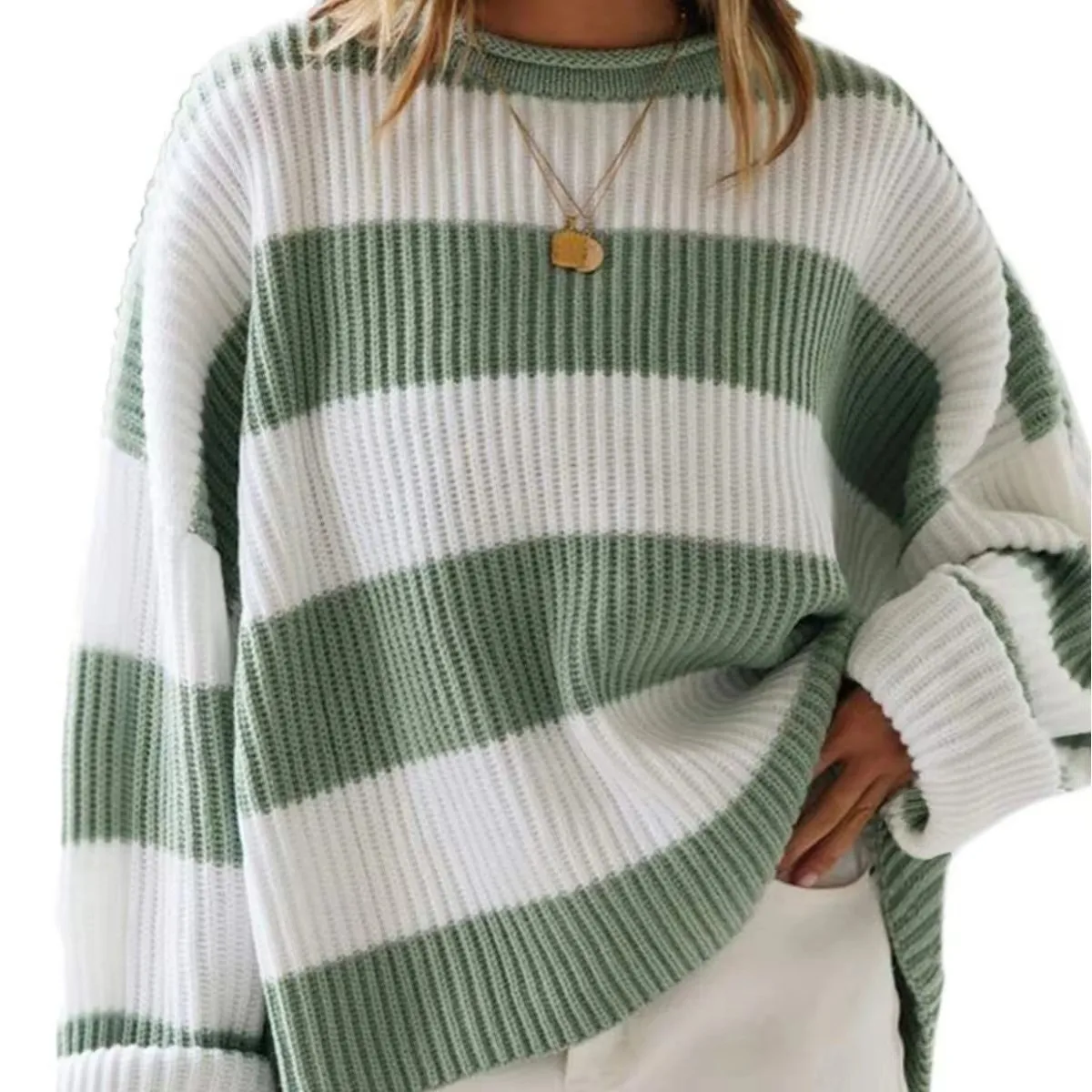 Loose Knitted Sweater Striped Autumn Winter New Sle Women's Faion Comfortable round Ne Long Sve Casual Top