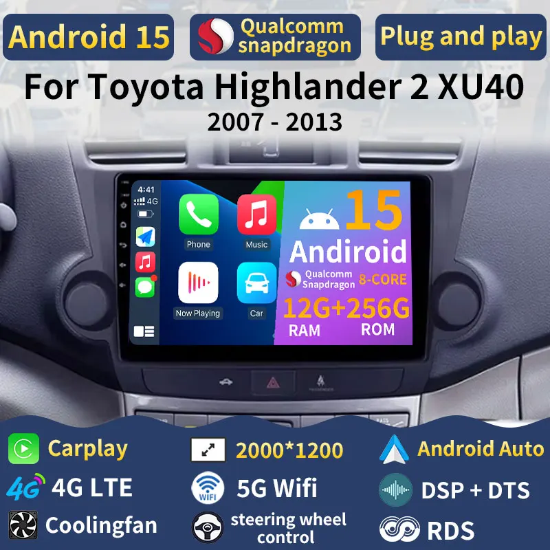 Android 15 Car Radio For Toyota Highlander 2 XU40 2007 - 2013 Wireless Carplay Auto Multimedia Stereo Player Navigation GPS RDS