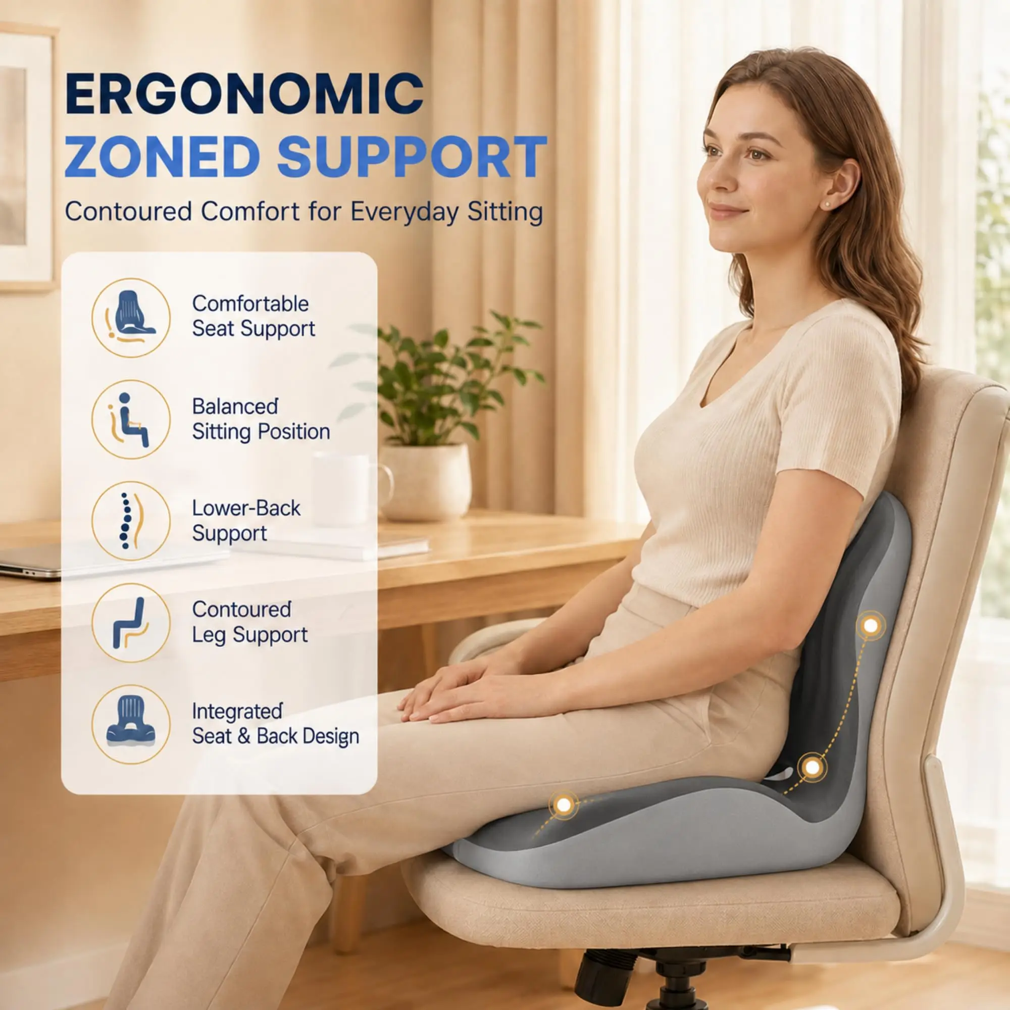 Ergonomic Memory Foam Seat Cushion with Lumbar Support, L-Shaped Hollow Pad, Non-Slip Washable Cover Back Pain Relief for Office