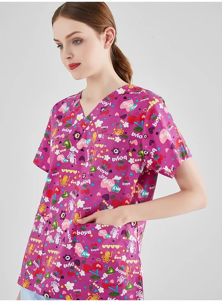 

Summer 2024 Women's 100% Cotton V Collar Cartoon Print Medical Scrub Top Uniform Pet Dental Clinic Working Clothes Relax Fit