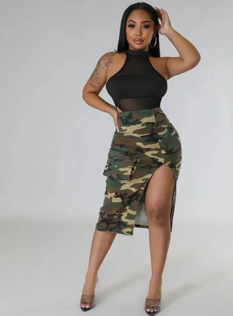 

KEXU Camouflage High Street High Side Slit Pocket Side Bodycon Bandage Skirts 2024 Summer Women Cargo Fashion Denim Skirts