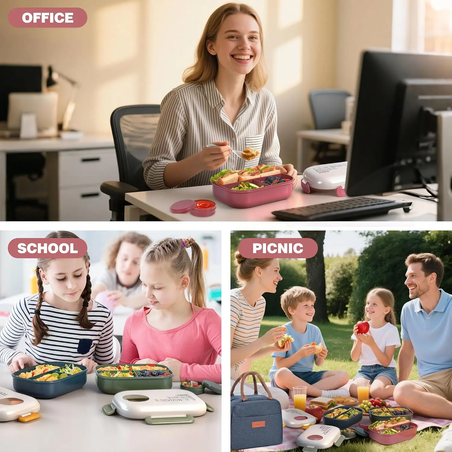 3-Compartment Bento Lunch Box Leak-Proof 37.2oz with Insulated Bag, Utensils & Sauce Container, BPA-Free, Microwave & Dishwasher Safe for School Work Travel - view 2