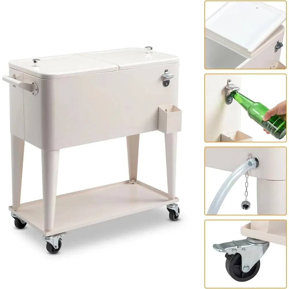 

80 Quart Patio Carts for Beverage, Cooler with Catch Basin, Bottom Storage Tray & Bottle Opener, Rolling Cooler Cart