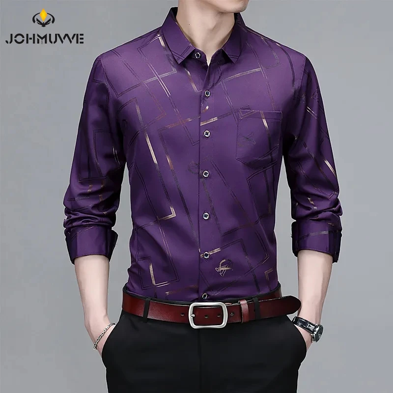 Camisa casual masculina de manga comprida estampada, blusa Business, não engomar e resistente a rugas, elegante